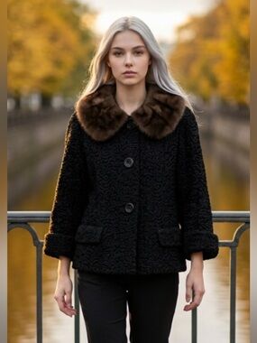 Vintage Persian Curly Lamb Fur Coat Jacket Brown Mink Collar Bell Sleeves M New